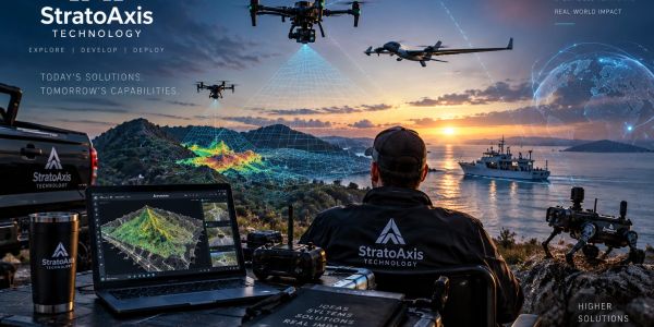 Man monitoring drones and data surveying at sunset.