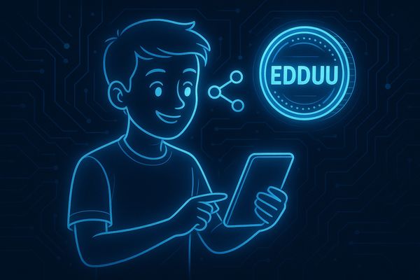 Glowing digital illustration of a person using a tablet with the word 'EDDUU' nearby.