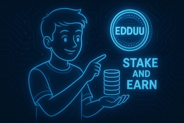 Digital illustration promoting EDDUU staking and earning rewards.