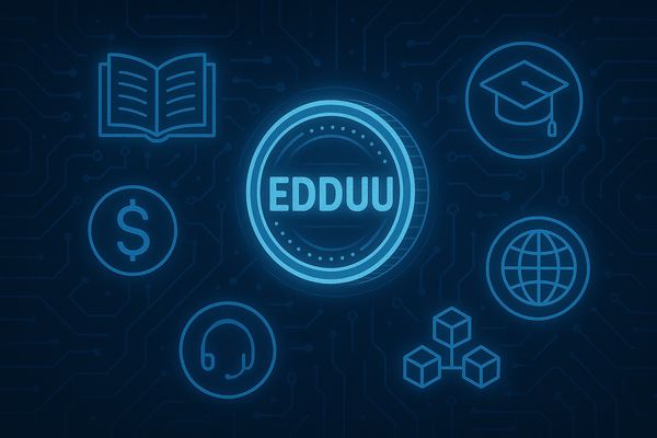 Digital education concept with icons and the word EDDUU in glowing blue.