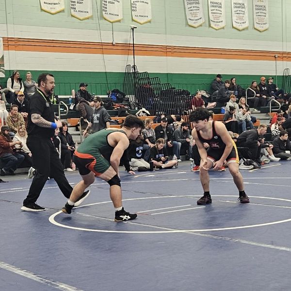 Two wrestlers face off on a mat with a referee and spectators watching.