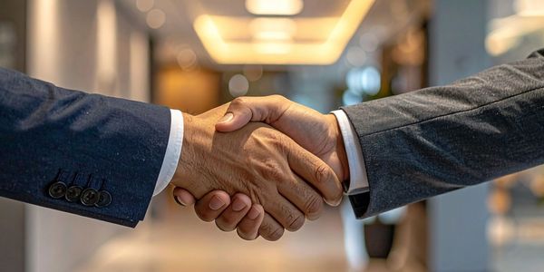 Two businesspeople shaking hands in a modern office setting.