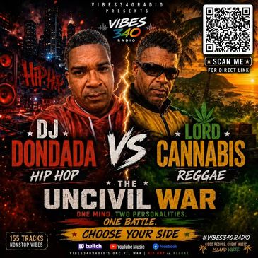 DJ Dondada vs Lord Cannabis in a hip hop vs reggae music battle poster.