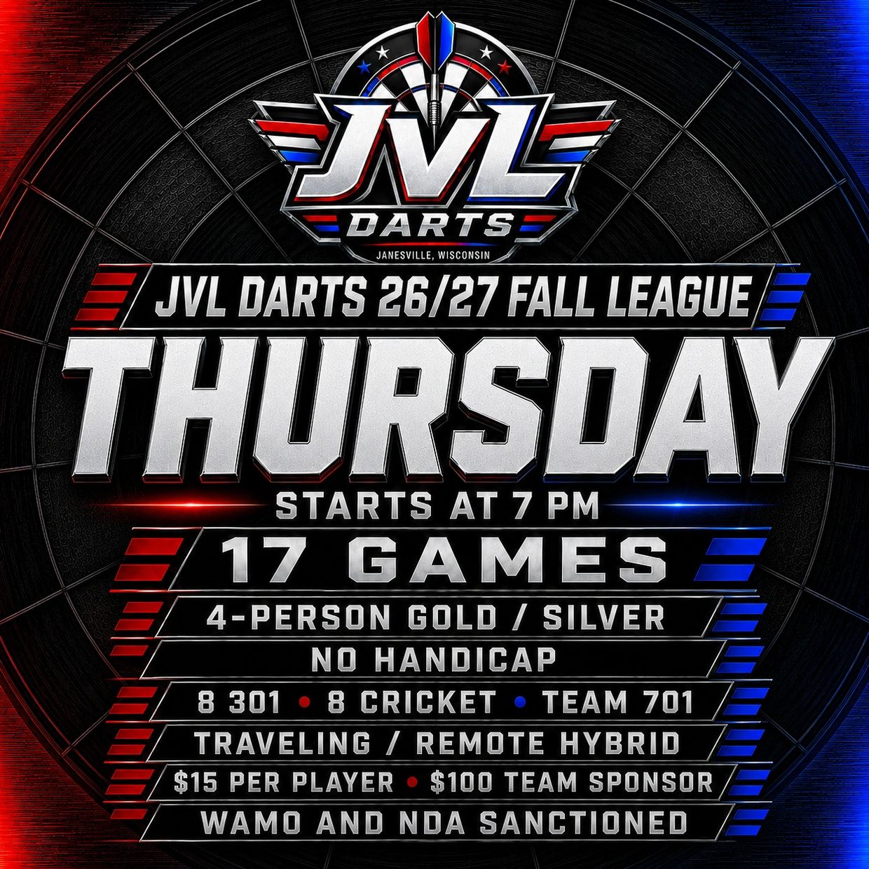 JVL Darts Fall League Thursday event details.