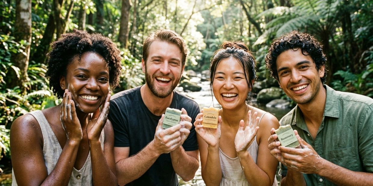 Cuatro amigos sonrientes con jabones naturales en un entorno boscoso.