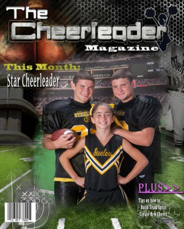 Football-themed magazine front cover featuring a female cheerleader and two football players 
