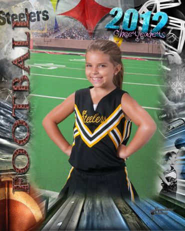 Young blond girl in a black cheerleading outfit on a football-themed photo template