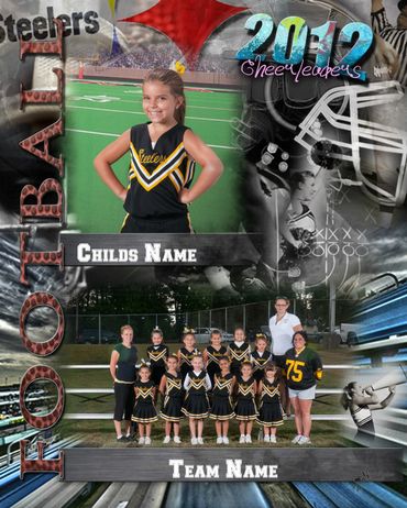 Football-themed photo template for individual and group photos of cheerleaders