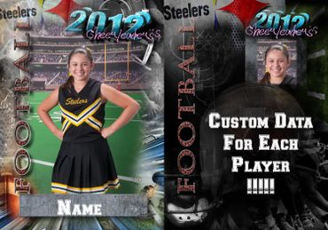 Football-themed template for a cheerleader's photograph and their featured data