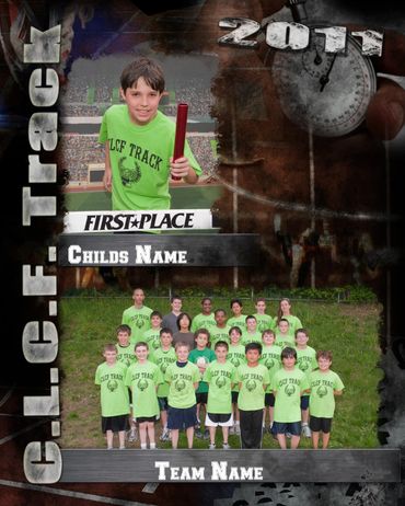 Track-and-field themed template for a first-place and team photo
