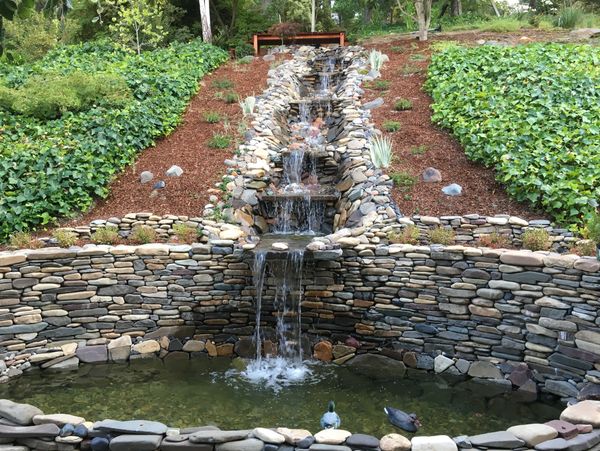 Backyard stone waterfall by Lawrence Bennett landscape design in the east bay city of Moraga, CA .