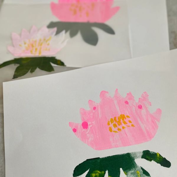Monet waterlily screen printed with stencils by kids