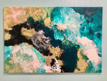 Heavy bodied acrylics and gold leaf adorn this 36 inch canvas sealed in resin for years of vibrance.