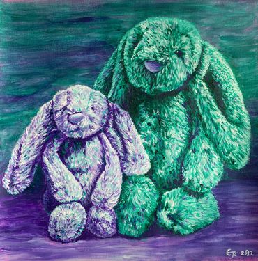 Lilac and Fern Jellycat bunnies