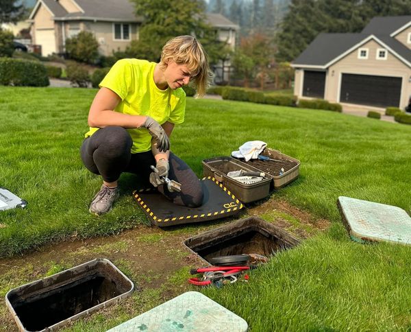 The tester is taking a reading on a residential backflow assembly connected to an irrigation system.