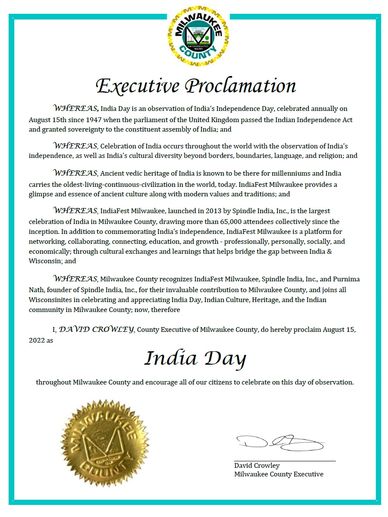 Milwaukee County Executive David Crowley Proclaims Aug 15th, 2022 as India Day
