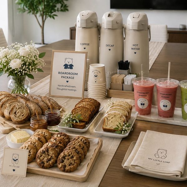 Boardroom package with breads, cookies, beverages, and coffee setup.