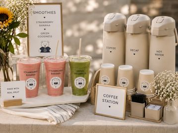 Smoothie and coffee station setup.