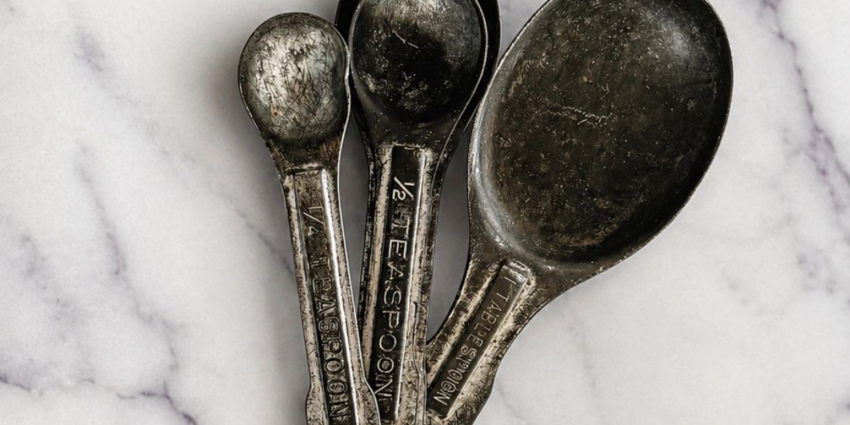 Set of scratched metal measuring spoons.