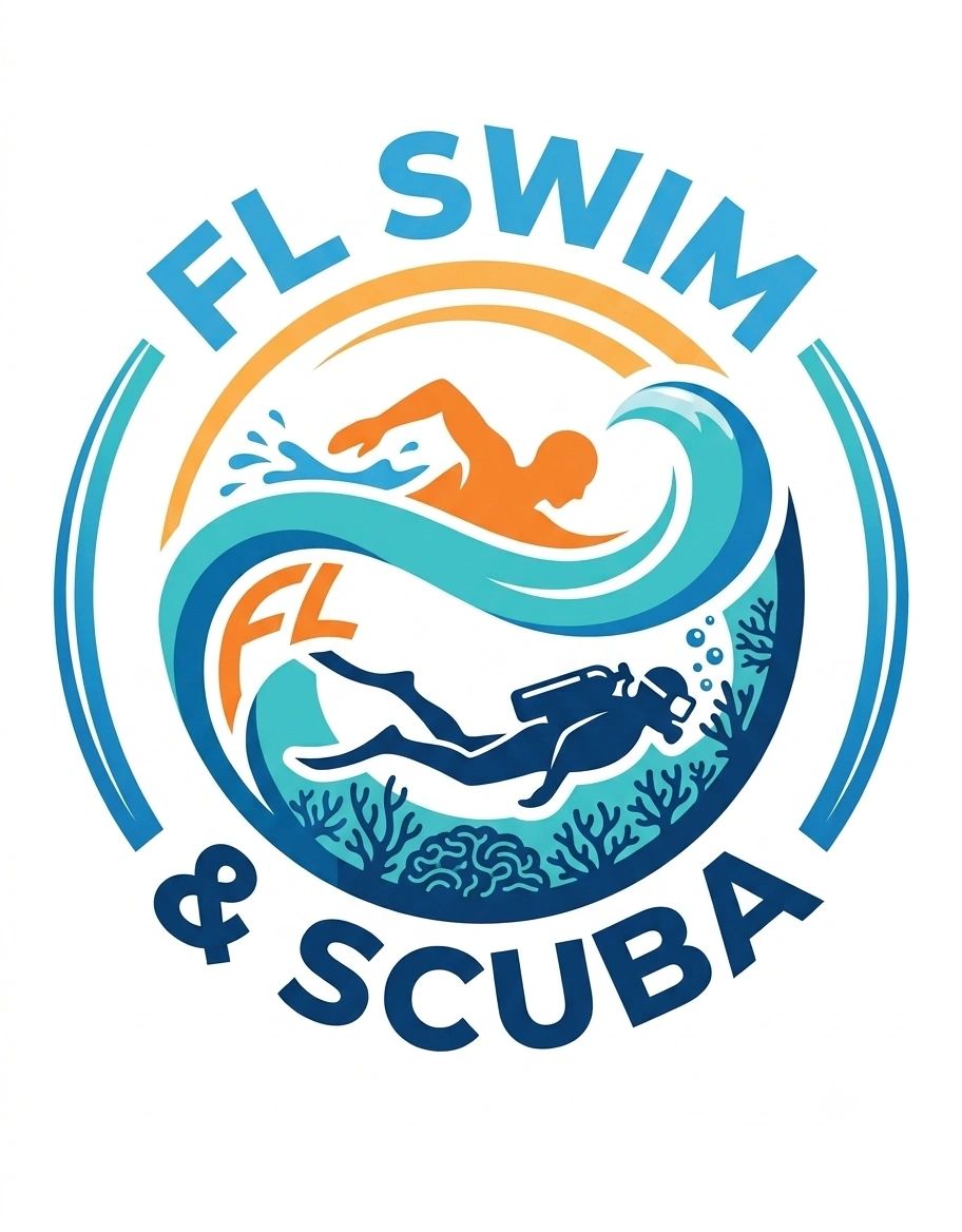 Logo for FL Swim & Scuba with swimmer and scuba diver.