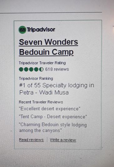 Seven Wonders Bedouin Camp still Listing as Number 1 on Trip Advisor
