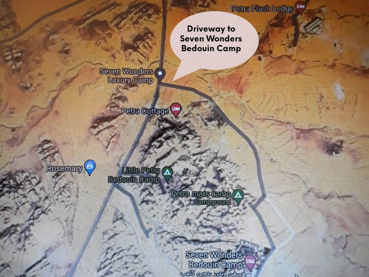 Map showing location of Seven Wonders Bedouin Camp in Little Petra.