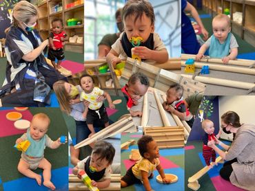 Collage of babies and lab participants using baby gym equipment at the Atlanta location of the lab