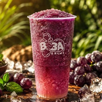Refreshing grape-flavored boba drink with crushed ice in a clear cup.