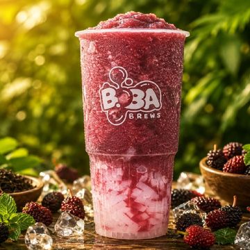 A refreshing berry smoothie from Boba Brews with layers of fruit and ice.