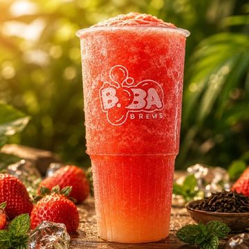 Refreshing strawberry iced tea from Boba Brews in a clear cup.