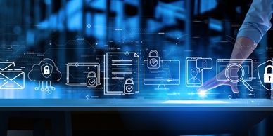 A digital screen showing icons with locks on them representing Policy Management.