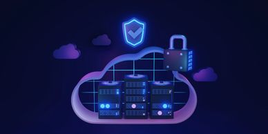 A Cloud created by AI with three server racks inside it.  Cloud App Security.