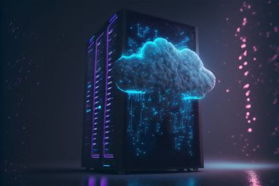 Server tower with a digital cloud, showcasing advanced data management and cloud services.