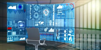 An Ai generated photo of a chair in front of multiple screens for a Security Operations Center.