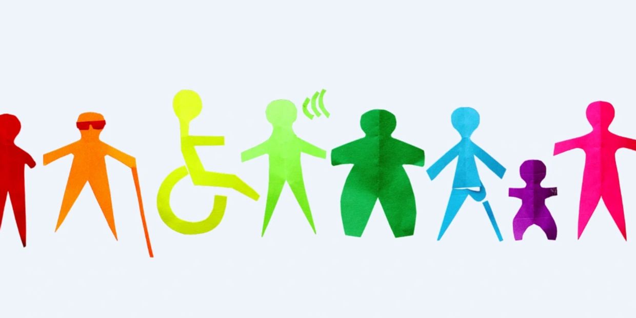 A colourful banner of people, short, tall, big, and small. Some with a wheelchair, guide cane, heari