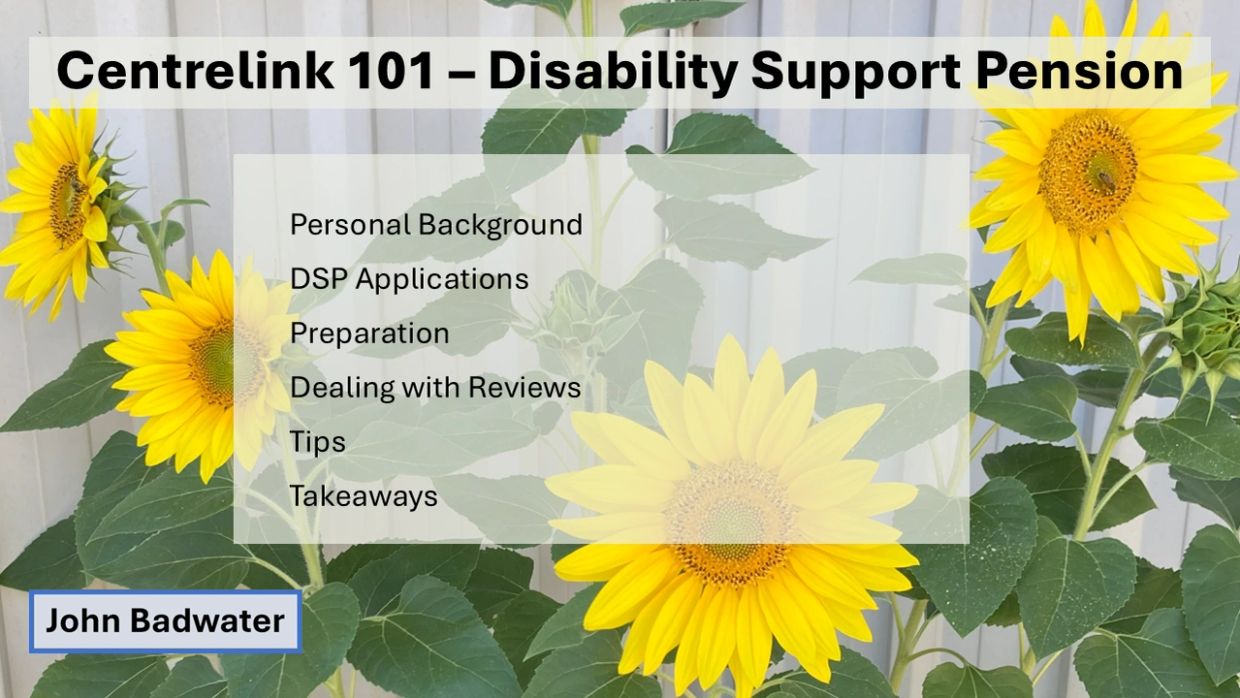 Presentation slide on Disability Support Pension by John Badwater.