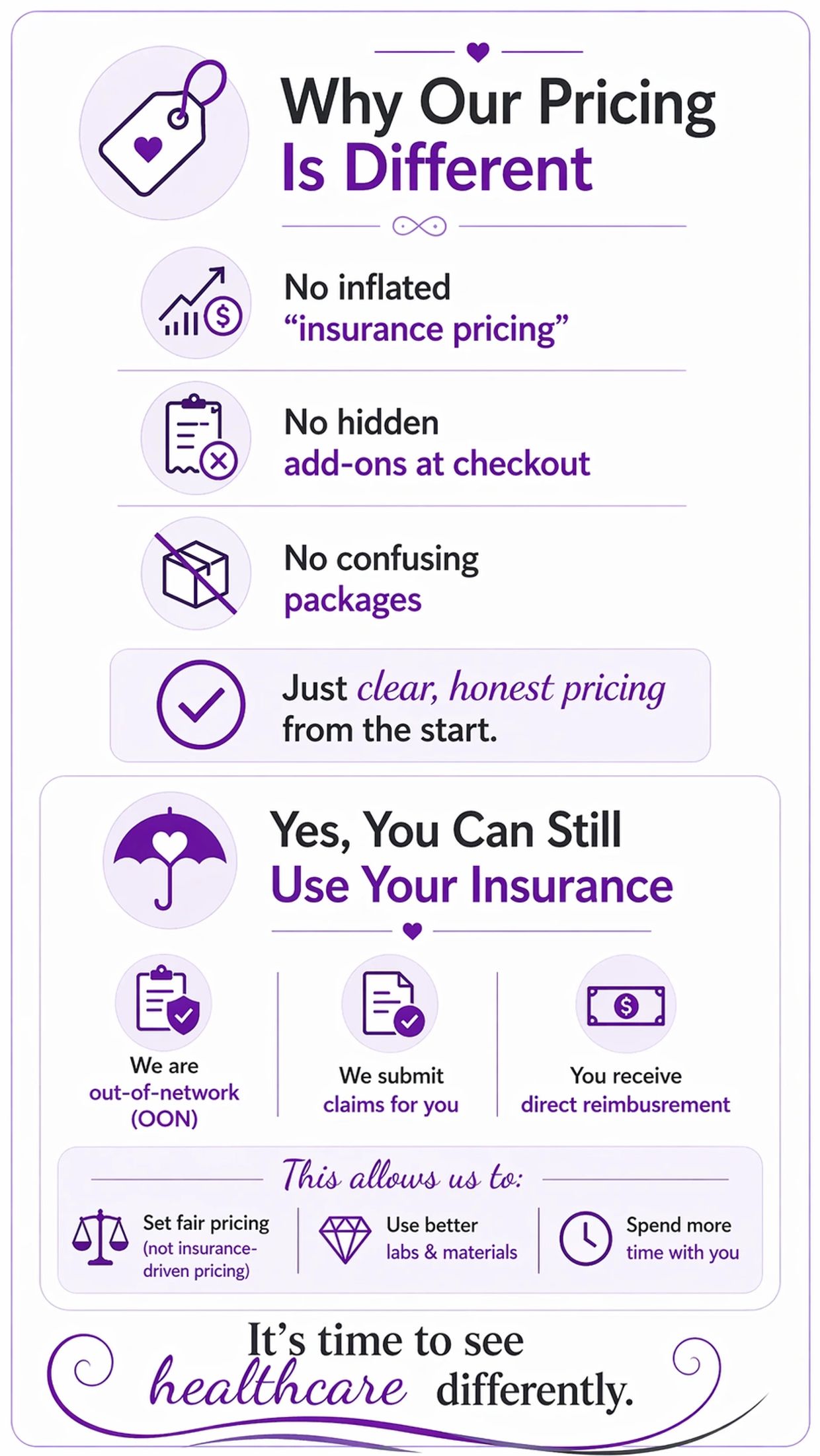 Pricing is clear and honest with no hidden fees, allowing insurance use and direct reimbursement.