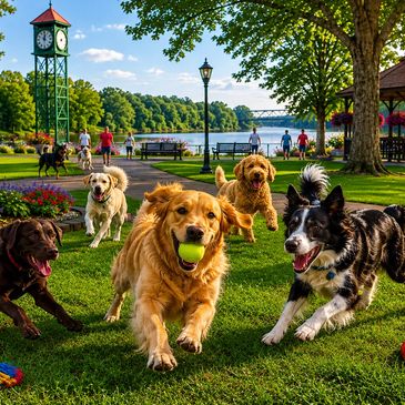 Dogs joyfully playing fetch in a sunny park near a river.
