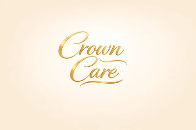 Elegant golden script reading 'Crown Care' on a soft beige background.