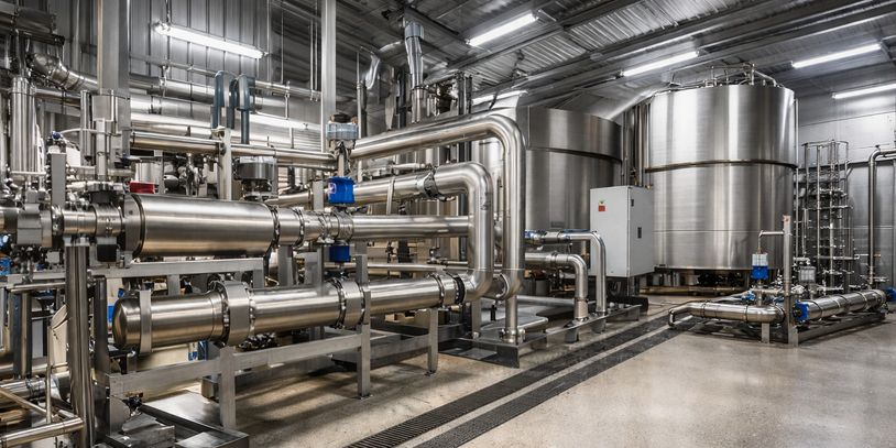 Industrial stainless steel pipes and tanks in a modern factory setting.