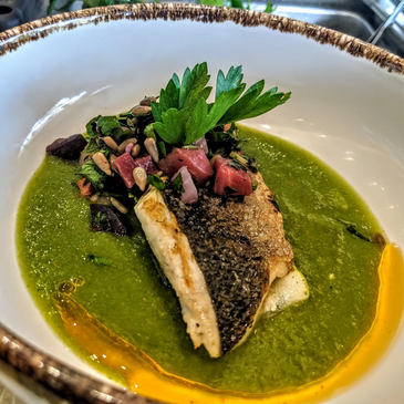 Brancino, pepita salad, cucumber soup