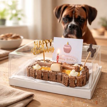 A dog eagerly watches a birthday cake designed with dog treats and a lit candle.