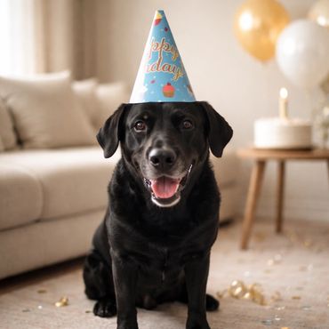 Black dog wearing a birthday party hat, smiling indoors.