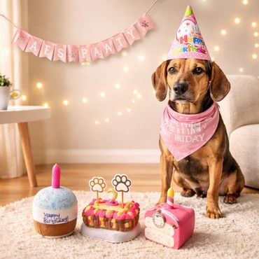 Dog wearing a birthday hat and bandana sitting next to birthday cakes.