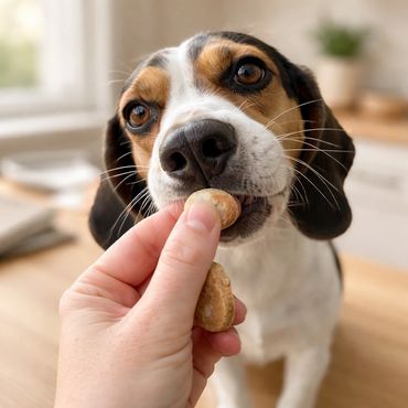 A dog eagerly takes a treat from a person's hand indoors.