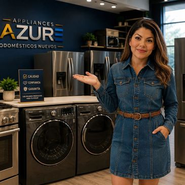 A woman in denim dress showcases appliances in a modern store.