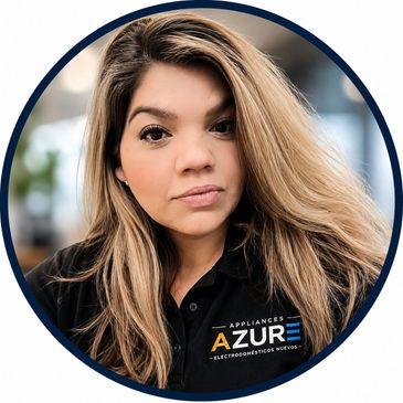 Woman with long blonde hair wearing a black AZURE Appliance shirt.