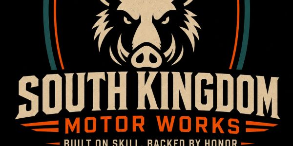 Logo of South Kingdom Motor Works with a boar illustration.
