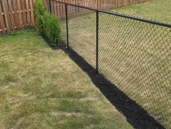 A black chain-link fence with fresh mulch along its base.