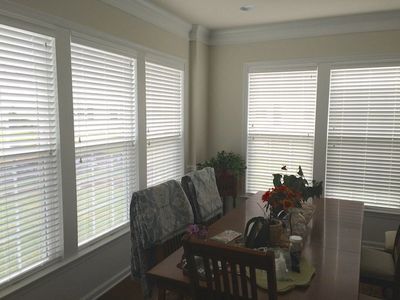Faux wood blinds in a Jersey Shore dining room.